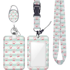 Pink Bow Cherry ID Badge Holder Badge Reel Lanyards for ID Badges Keychain Vertical Protector Retractable Carabiner Clips Heavy Duty Key Lanyard for Women Girls Doctor Nurse Office Accessories