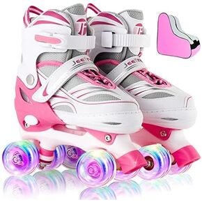 JeeFree Kids، زلاجات دوارة قابلة للتعديل للفتيات والفتيان، مع عجلات مضيئة، زلاجات رباعية للاستخدام الخارجي (الحجم S: 10C-13C، الحجم M: 13C-3Y) in Kuwait