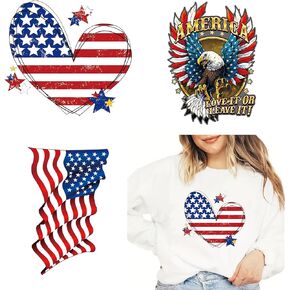 9 Sheets 4th of July Iron on Transfers Patches Heat Transfer Independence Day USA Flag Heart Eagle Design Appliques Vinyl Stickers Decal Supplies Iron on Patch for Clothes DIY Craft Decoration