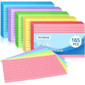 Tecmisse Colored Index Cards 4x6, 165 Pack, Ruled Note Cards, Flash Cards for Studying, Heavy Notecards for Office and School, One Side Lined, One Side Blank