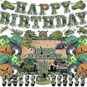 43Pcs Army Birthday Party Decorations Military Supplies Includes Soldier Balloons- Banner-Cake Topper-Cupcake Toppers-Army Soldier Backdrop for Camo Birthday Party Decorations