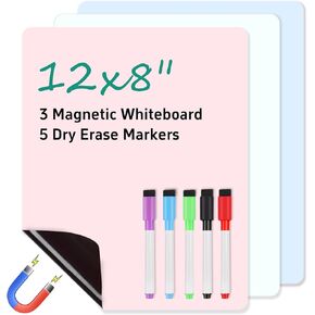 3 Pack Magnetic Dry Erase Board, 12in x 8in Erasable Refrigerator White Board/Planner, Dry Erase Board Magnetic for Home Kitchen Memo Grocery List, Grocery List, 5 Markers and Eraser
