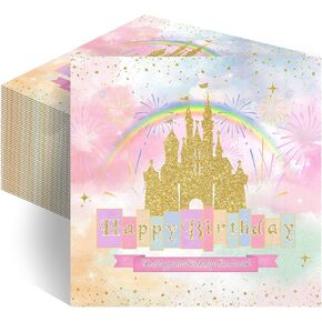 Princess Birthday Napkins 100-Pcs Disposable Colorful Rainbow Gold Castle Paper Napkins for Girls Party Luncheon Dinner Princess Birthday Party Decorations