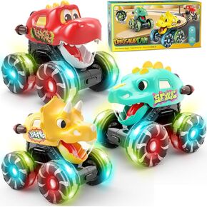 3 Pack Monster Truck Toys for Kids Toddlers - LED Light Up Wheels Dinosaur Car Toys with Chomping Mouth Press & Go Dinosaur Trucks Set Birthady Gifts Toys for Toddler Boy Baby Ages 2 3 4 5