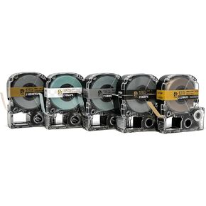 Epson LabelWorks Metals Bundle - 5 Metallic Label Tapes & Ribbon - 212RBGPX, 218BMETGPX, 218BMETSPX, 218GBPX, 218GCPX