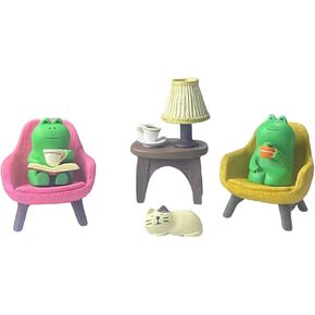 Miniature Frog Set with Sofa, cat, and Desk lamp - Cute Desk Accessories for Office Desk Decor and Home Display, Perfect as Desk Pets or Flower Frog