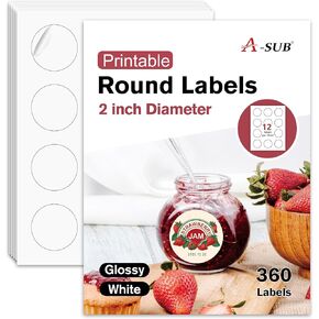 A-SUB 2" Round Label Stickers for Inkjet or Laser Printer, Glossy White, 360 Printable Circle Stickers for Custom Logo, Thank You Labels
