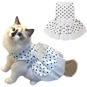 ANIAC Floral Cat Bridal Wedding Dresses Polka Dots Dog Princess Tutu Dress with Flowers Stretchy Breathable Small Puppy Clothes for Girls Pet Birthday Outfit (White, Small)