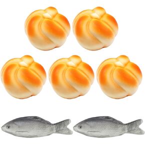 jiebor 5pcs Fake Bread and 2pcs Fake Fish Realistic Toy Artificial Small Rubber Fish Bread for Kitchen Home Market Restaurant Display Halloween Decoration