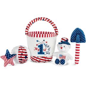 لعبة العبقرية طفل ألعاب العلم الأمريكي و USA Plush Playet - ألعاب الأطفال الرابعة الأولى من يوليو - دلو رمل فخم مع 4 ألعاب رضعية - لعبة شاطئية ممتعة - مثالية للأيدي الصغيرة