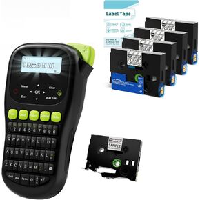 H1100 Label Maker Machine with 5PK Clear Tapes Laminated, Black Label Maker with Keyboard, Handheld Labeler with Backlight Screen, Cabel Wire for Industrial Home Office Use