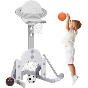 Costzon Kids Basketball Hoop, Toddler Sports Activity Center with 5 Adjustable Height Levels, Basketball Soccer Golf Game Set, Indoor Outdoor Basketball Hoop Set Best Gift for Baby Infant