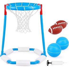 Pool Basketball Hoop Toys Game, Floating Pool Toys Floating Basketball Hoop Swimming Pool Games with 2 Basketball, 2 Football & 1 Pump for Kids Adults Indoor Outdoor Play Game Supplies