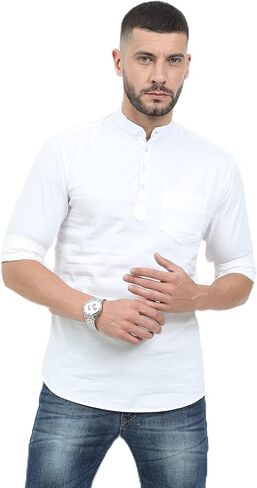 قميص كورتا قصير كاجوال من القطن للرجال من Miraan بياقة ماندارين، أبيض متوسط in Kuwait