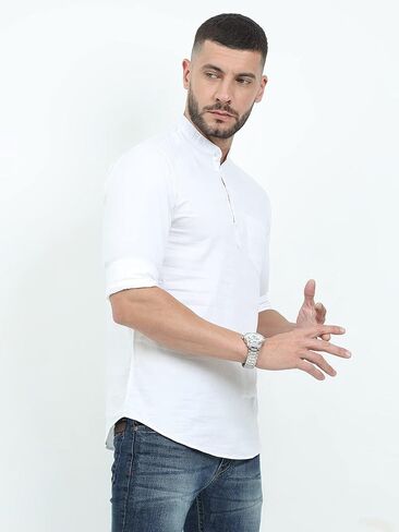 قميص كورتا قصير كاجوال من القطن للرجال من Miraan بياقة ماندارين، أبيض متوسط in Kuwait