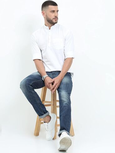 قميص كورتا قصير كاجوال من القطن للرجال من Miraan بياقة ماندارين، أبيض متوسط in Kuwait