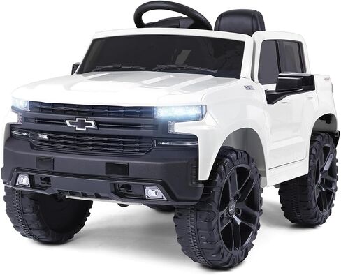 Licensed Chevrolet Silverado Ride On Pickup Truck, 12V Electric Car for Kids w/Parent Remote Control, Truck Bed Storage, LED Lights, Radio, Bluetooth, Battery Car for Kids to Drive (White) in Saudi Arabia