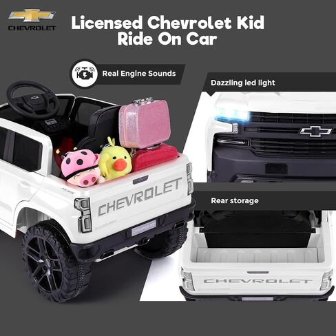 Licensed Chevrolet Silverado Ride On Pickup Truck, 12V Electric Car for Kids w/Parent Remote Control, Truck Bed Storage, LED Lights, Radio, Bluetooth, Battery Car for Kids to Drive (White) in Saudi Arabia