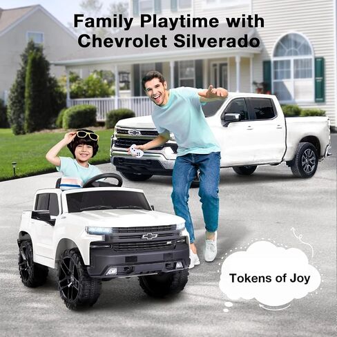 Licensed Chevrolet Silverado Ride On Pickup Truck, 12V Electric Car for Kids w/Parent Remote Control, Truck Bed Storage, LED Lights, Radio, Bluetooth, Battery Car for Kids to Drive (White) in Saudi Arabia