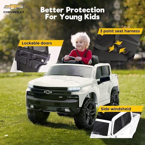 Licensed Chevrolet Silverado Ride On Pickup Truck, 12V Electric Car for Kids w/Parent Remote Control, Truck Bed Storage, LED Lights, Radio, Bluetooth, Battery Car for Kids to Drive (White) in Saudi Arabia
