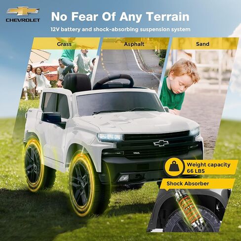Licensed Chevrolet Silverado Ride On Pickup Truck, 12V Electric Car for Kids w/Parent Remote Control, Truck Bed Storage, LED Lights, Radio, Bluetooth, Battery Car for Kids to Drive (White) in Saudi Arabia