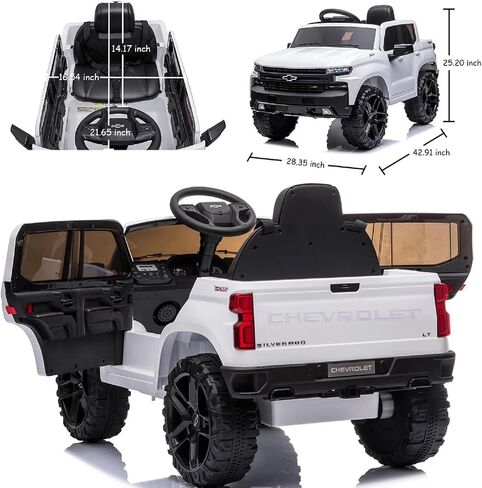 Licensed Chevrolet Silverado Ride On Pickup Truck, 12V Electric Car for Kids w/Parent Remote Control, Truck Bed Storage, LED Lights, Radio, Bluetooth, Battery Car for Kids to Drive (White) in Saudi Arabia