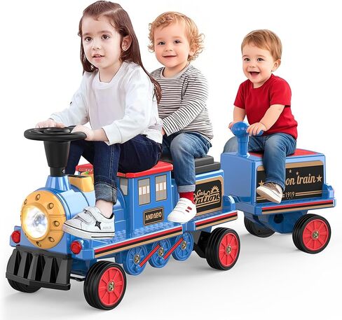 ANPABO Ride On Train Set Trackless, Include 1 Locomotive and 1 Carriage, 12V Kids Car with Height-Adjustable Seat, Extra Storage, Headlight, Train Whistle & Music, Electric Car for Kids 3+, Red in Kuwait