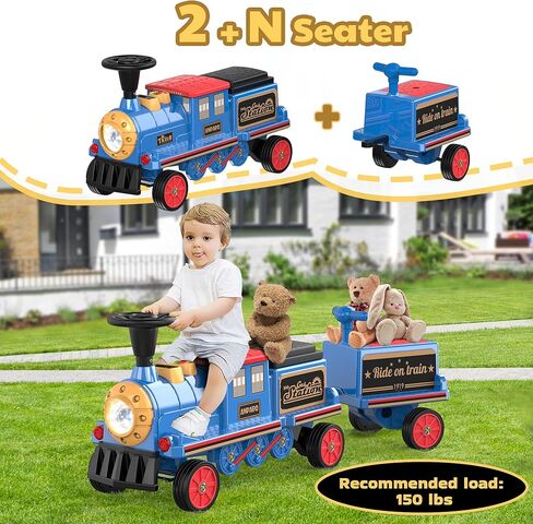 ANPABO Ride On Train Set Trackless, Include 1 Locomotive and 1 Carriage, 12V Kids Car with Height-Adjustable Seat, Extra Storage, Headlight, Train Whistle & Music, Electric Car for Kids 3+, Red in Kuwait
