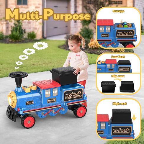 ANPABO Ride On Train Set Trackless, Include 1 Locomotive and 1 Carriage, 12V Kids Car with Height-Adjustable Seat, Extra Storage, Headlight, Train Whistle & Music, Electric Car for Kids 3+, Red in Kuwait