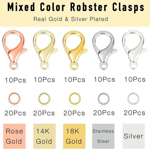 90PCs Fadeless Lobster Claw Clasps (10mm) & Jump Rings for Jewelry Making, Necklace Bracelet Findings & Supplies (18K Gold Plated) in Saudi Arabia