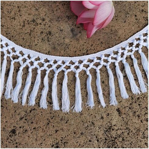 HHTCAL 8 Yards Long Tassel Fringe by The Yard Cotton Tassel Trim Boho Macrame Fringe Trim for Sewing on Clothing Ribbon Border Vintage Decor 14cm Wide (White) in Saudi Arabia