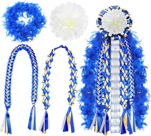 Wavwavw 4 Pcs Homecoming Mum Braids Set 30 Inches Homecoming Mum Supplies with Boa, Paper Flower Back to School Week Party Decorations Crafts for Back to School Classroom(Royal Blue, Gold, Silver) in Saudi Arabia