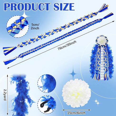 Wavwavw 4 Pcs Homecoming Mum Braids Set 30 Inches Homecoming Mum Supplies with Boa, Paper Flower Back to School Week Party Decorations Crafts for Back to School Classroom(Royal Blue, Gold, Silver) in Saudi Arabia