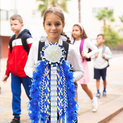 Wavwavw 4 Pcs Homecoming Mum Braids Set 30 Inches Homecoming Mum Supplies with Boa, Paper Flower Back to School Week Party Decorations Crafts for Back to School Classroom(Royal Blue, Gold, Silver) in Saudi Arabia