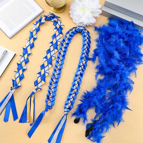 Wavwavw 4 Pcs Homecoming Mum Braids Set 30 Inches Homecoming Mum Supplies with Boa, Paper Flower Back to School Week Party Decorations Crafts for Back to School Classroom(Royal Blue, Gold, Silver) in Saudi Arabia