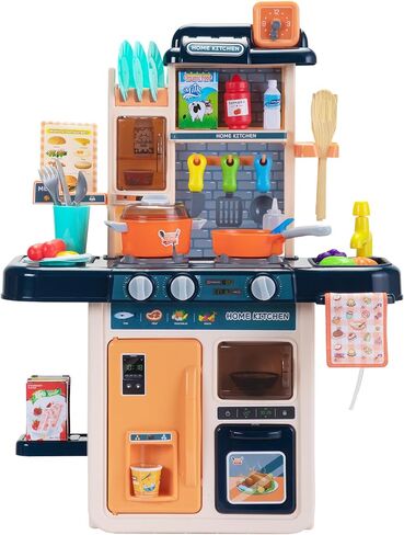 Kids Kitchen Playset 42 PCS Toy Accessories Set, Kitchen Toy Cookware with Lights, Sounds, Sink & Water Spray, Blue in Saudi Arabia
