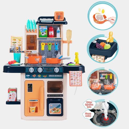 Kids Kitchen Playset 42 PCS Toy Accessories Set, Kitchen Toy Cookware with Lights, Sounds, Sink & Water Spray, Blue in Saudi Arabia