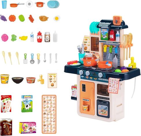 Kids Kitchen Playset 42 PCS Toy Accessories Set, Kitchen Toy Cookware with Lights, Sounds, Sink & Water Spray, Blue in Saudi Arabia