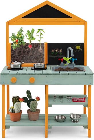 Costzon Mud Kitchen, Wooden Kids Kitchen Playset with See-Through Planter Box, Blackboard, Stoves, Sink & Faucet, Cooking Accessories, Storage Shelves, Toddler Outdoor Play Kitchen for Boys Girls 3+ in Saudi Arabia