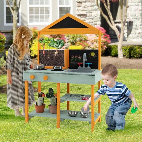 Costzon Mud Kitchen, Wooden Kids Kitchen Playset with See-Through Planter Box, Blackboard, Stoves, Sink & Faucet, Cooking Accessories, Storage Shelves, Toddler Outdoor Play Kitchen for Boys Girls 3+ in Saudi Arabia
