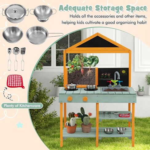 Costzon Mud Kitchen, Wooden Kids Kitchen Playset with See-Through Planter Box, Blackboard, Stoves, Sink & Faucet, Cooking Accessories, Storage Shelves, Toddler Outdoor Play Kitchen for Boys Girls 3+ in Saudi Arabia