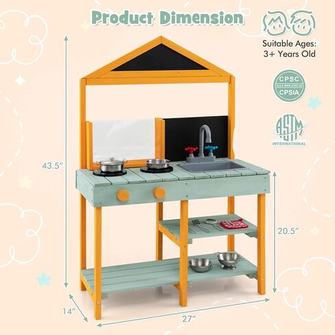Costzon Mud Kitchen, Wooden Kids Kitchen Playset with See-Through Planter Box, Blackboard, Stoves, Sink & Faucet, Cooking Accessories, Storage Shelves, Toddler Outdoor Play Kitchen for Boys Girls 3+ in Saudi Arabia