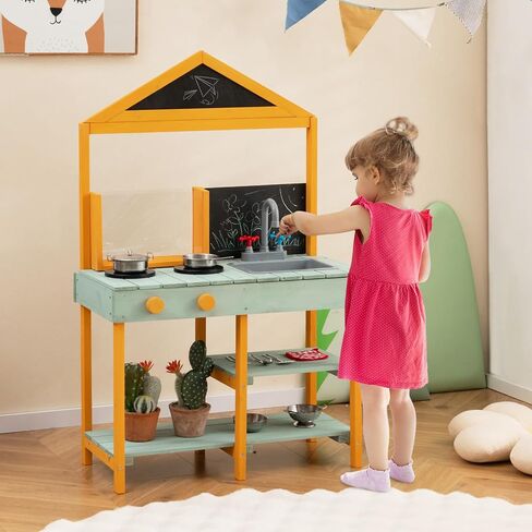 Costzon Mud Kitchen, Wooden Kids Kitchen Playset with See-Through Planter Box, Blackboard, Stoves, Sink & Faucet, Cooking Accessories, Storage Shelves, Toddler Outdoor Play Kitchen for Boys Girls 3+ in Saudi Arabia