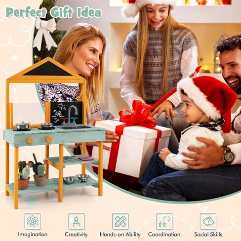 Costzon Mud Kitchen ، Wooden Kids Kitch Blayset مع صندوق زارع شفاف ، بلود ، مواقد ، بالوعة والبصلحة ، إكسسوارات الطبخ ، أرفف التخزين ، المطبخ في الهواء الطلق للأطفال in Saudi Arabia