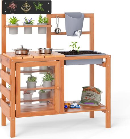 OLAKIDS Mud Kitchen for Kids Outdoor, Wooden Toddler Play Kitchen with Wheels Removable Sink Faucet Stoves Storage Shelves Cooking Accessories, Children Pretend Toy Playset for Backyard Garden in Saudi Arabia