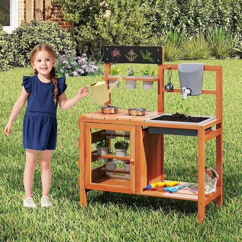 OLAKIDS Mud Kitchen for Kids Outdoor, Wooden Toddler Play Kitchen with Wheels Removable Sink Faucet Stoves Storage Shelves Cooking Accessories, Children Pretend Toy Playset for Backyard Garden in Saudi Arabia