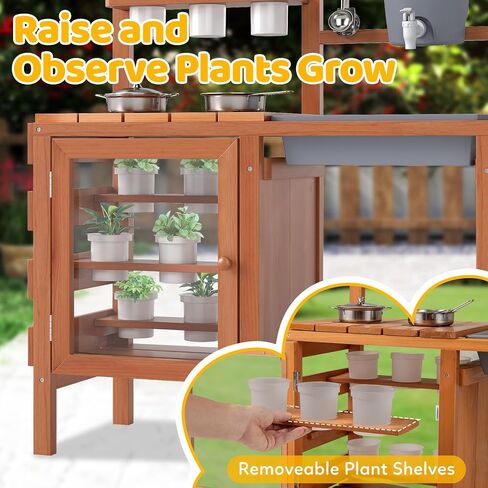 OLAKIDS Mud Kitchen for Kids Outdoor, Wooden Toddler Play Kitchen with Wheels Removable Sink Faucet Stoves Storage Shelves Cooking Accessories, Children Pretend Toy Playset for Backyard Garden in Saudi Arabia