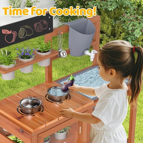 OLAKIDS Mud Kitchen for Kids Outdoor, Wooden Toddler Play Kitchen with Wheels Removable Sink Faucet Stoves Storage Shelves Cooking Accessories, Children Pretend Toy Playset for Backyard Garden in Saudi Arabia