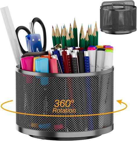 LUCYCAZ 360 Rotating Metal Pencil Pen Holder for Desk, Rotating Pencil Cup with 5 Slots, Dual-Purpose Desk Pen Organizer for Office, School, Home (Round) in Kuwait