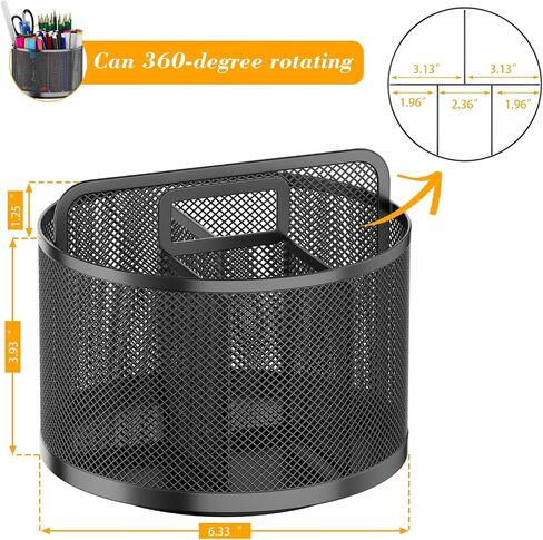 LUCYCAZ 360 Rotating Metal Pencil Pen Holder for Desk, Rotating Pencil Cup with 5 Slots, Dual-Purpose Desk Pen Organizer for Office, School, Home (Round) in Kuwait